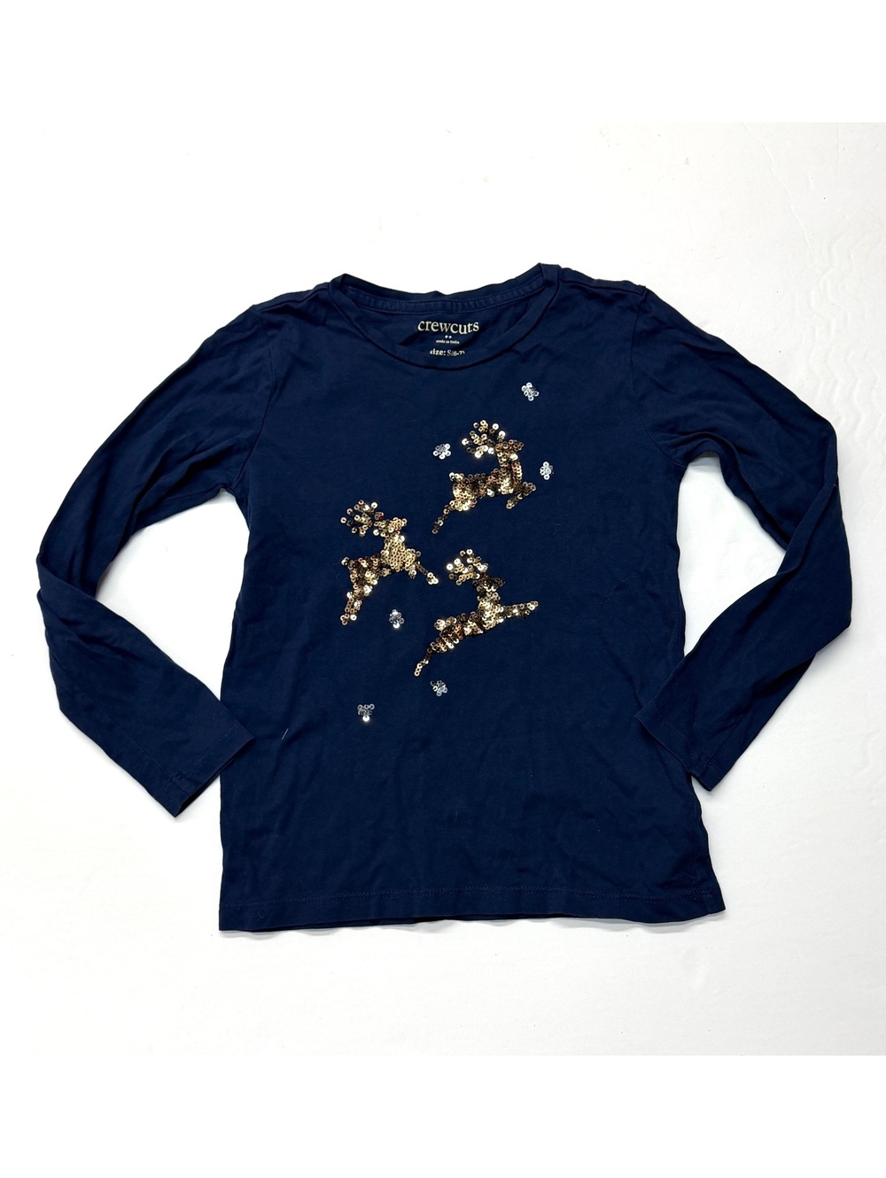 Crewcuts Navy Sequin Reindeer Girls Long Sleeve Top Size 6-7